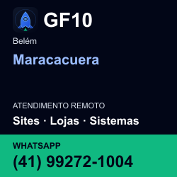 GF10 em Maracacuera, Belém: atendimento remoto. Sites, lojas, aplicações, idiomas, manutenção e SEO. WhatsApp (41) 99272-1004.