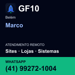 GF10 em Marco, Belém: atendimento remoto. Sites, lojas, aplicações, idiomas, manutenção e SEO. WhatsApp (41) 99272-1004.