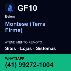 GF10 em Montese (Terra Firme), Belém: atendimento remoto. Sites, lojas, aplicações, idiomas, manutenção e SEO. WhatsApp (41) 99272-1004.