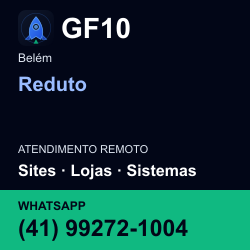 GF10 em Reduto, Belém: atendimento remoto. Sites, lojas, aplicações, idiomas, manutenção e SEO. WhatsApp (41) 99272-1004.