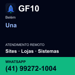GF10 em Una, Belém: atendimento remoto. Sites, lojas, aplicações, idiomas, manutenção e SEO. WhatsApp (41) 99272-1004.