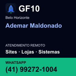 GF10 em Ademar Maldonado, Belo Horizonte: atendimento remoto. Sites, lojas, aplicações, idiomas, manutenção e SEO. WhatsApp (41) 99272-1004.