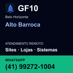 GF10 em Alto Barroca, Belo Horizonte: atendimento remoto. Sites, lojas, aplicações, idiomas, manutenção e SEO. WhatsApp (41) 99272-1004.