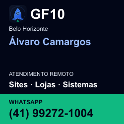 GF10 em Álvaro Camargos, Belo Horizonte: atendimento remoto. Sites, lojas, aplicações, idiomas, manutenção e SEO. WhatsApp (41) 99272-1004.