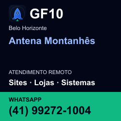 GF10 em Antena Montanhês, Belo Horizonte: atendimento remoto. Sites, lojas, aplicações, idiomas, manutenção e SEO. WhatsApp (41) 99272-1004.