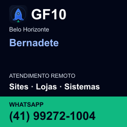 GF10 em Bernadete, Belo Horizonte: atendimento remoto. Sites, lojas, aplicações, idiomas, manutenção e SEO. WhatsApp (41) 99272-1004.