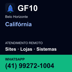 GF10 em Califórnia, Belo Horizonte: atendimento remoto. Sites, lojas, aplicações, idiomas, manutenção e SEO. WhatsApp (41) 99272-1004.