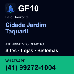 GF10 em Cidade Jardim Taquaril, Belo Horizonte: atendimento remoto. Sites, lojas, aplicações, idiomas, manutenção e SEO. WhatsApp (41) 99272-1004.