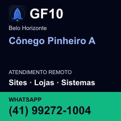 GF10 em Cônego Pinheiro A, Belo Horizonte: atendimento remoto. Sites, lojas, aplicações, idiomas, manutenção e SEO. WhatsApp (41) 99272-1004.
