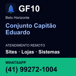 GF10 em Conjunto Capitão Eduardo, Belo Horizonte: atendimento remoto. Sites, lojas, aplicações, idiomas, manutenção e SEO. WhatsApp (41) 99272-1004.