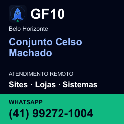 GF10 em Conjunto Celso Machado, Belo Horizonte: atendimento remoto. Sites, lojas, aplicações, idiomas, manutenção e SEO. WhatsApp (41) 99272-1004.