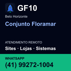 GF10 em Conjunto Floramar, Belo Horizonte: atendimento remoto. Sites, lojas, aplicações, idiomas, manutenção e SEO. WhatsApp (41) 99272-1004.