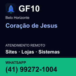 GF10 em Coração de Jesus, Belo Horizonte: atendimento remoto. Sites, lojas, aplicações, idiomas, manutenção e SEO. WhatsApp (41) 99272-1004.