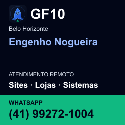 GF10 em Engenho Nogueira, Belo Horizonte: atendimento remoto. Sites, lojas, aplicações, idiomas, manutenção e SEO. WhatsApp (41) 99272-1004.