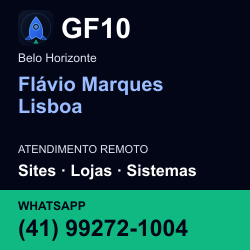 GF10 em Flávio Marques Lisboa, Belo Horizonte: atendimento remoto. Sites, lojas, aplicações, idiomas, manutenção e SEO. WhatsApp (41) 99272-1004.