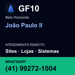 GF10 em João Paulo II, Belo Horizonte: atendimento remoto. Sites, lojas, aplicações, idiomas, manutenção e SEO. WhatsApp (41) 99272-1004.