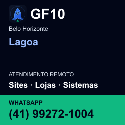 GF10 em Lagoa, Belo Horizonte: atendimento remoto. Sites, lojas, aplicações, idiomas, manutenção e SEO. WhatsApp (41) 99272-1004.