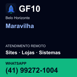 GF10 em Maravilha, Belo Horizonte: atendimento remoto. Sites, lojas, aplicações, idiomas, manutenção e SEO. WhatsApp (41) 99272-1004.