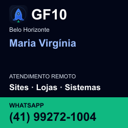 GF10 em Maria Virgínia, Belo Horizonte: atendimento remoto. Sites, lojas, aplicações, idiomas, manutenção e SEO. WhatsApp (41) 99272-1004.