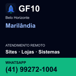 GF10 em Marilândia, Belo Horizonte: atendimento remoto. Sites, lojas, aplicações, idiomas, manutenção e SEO. WhatsApp (41) 99272-1004.