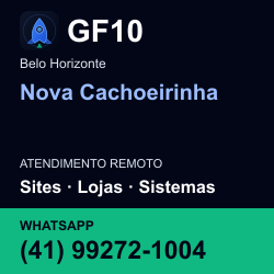 GF10 em Nova Cachoeirinha, Belo Horizonte: atendimento remoto. Sites, lojas, aplicações, idiomas, manutenção e SEO. WhatsApp (41) 99272-1004.