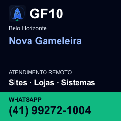 GF10 em Nova Gameleira, Belo Horizonte: atendimento remoto. Sites, lojas, aplicações, idiomas, manutenção e SEO. WhatsApp (41) 99272-1004.