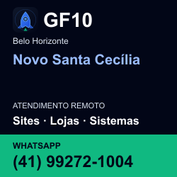 GF10 em Novo Santa Cecília, Belo Horizonte: atendimento remoto. Sites, lojas, aplicações, idiomas, manutenção e SEO. WhatsApp (41) 99272-1004.