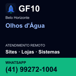GF10 em Olhos d'Água, Belo Horizonte: atendimento remoto. Sites, lojas, aplicações, idiomas, manutenção e SEO. WhatsApp (41) 99272-1004.
