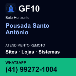 GF10 em Pousada Santo Antônio, Belo Horizonte: atendimento remoto. Sites, lojas, aplicações, idiomas, manutenção e SEO. WhatsApp (41) 99272-1004.