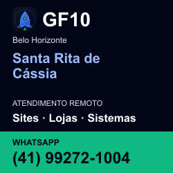 GF10 em Santa Rita de Cássia, Belo Horizonte: atendimento remoto. Sites, lojas, aplicações, idiomas, manutenção e SEO. WhatsApp (41) 99272-1004.