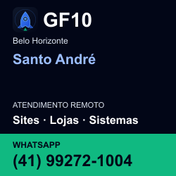 GF10 em Santo André, Belo Horizonte: atendimento remoto. Sites, lojas, aplicações, idiomas, manutenção e SEO. WhatsApp (41) 99272-1004.