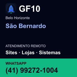 GF10 em São Bernardo, Belo Horizonte: atendimento remoto. Sites, lojas, aplicações, idiomas, manutenção e SEO. WhatsApp (41) 99272-1004.