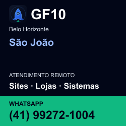 GF10 em São João, Belo Horizonte: atendimento remoto. Sites, lojas, aplicações, idiomas, manutenção e SEO. WhatsApp (41) 99272-1004.