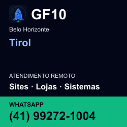 GF10 em Tirol, Belo Horizonte: atendimento remoto. Sites, lojas, aplicações, idiomas, manutenção e SEO. WhatsApp (41) 99272-1004.