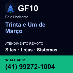 GF10 em Trinta e Um de Março, Belo Horizonte: atendimento remoto. Sites, lojas, aplicações, idiomas, manutenção e SEO. WhatsApp (41) 99272-1004.
