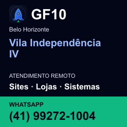 GF10 em Vila Independência IV, Belo Horizonte: atendimento remoto. Sites, lojas, aplicações, idiomas, manutenção e SEO. WhatsApp (41) 99272-1004.