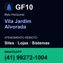 GF10 em Vila Jardim Alvorada, Belo Horizonte: atendimento remoto. Sites, lojas, aplicações, idiomas, manutenção e SEO. WhatsApp (41) 99272-1004.
