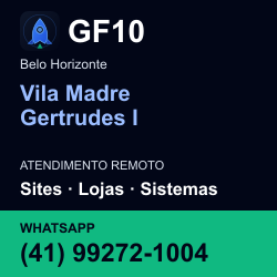 GF10 em Vila Madre Gertrudes I, Belo Horizonte: atendimento remoto. Sites, lojas, aplicações, idiomas, manutenção e SEO. WhatsApp (41) 99272-1004.
