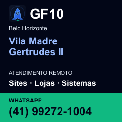 GF10 em Vila Madre Gertrudes II, Belo Horizonte: atendimento remoto. Sites, lojas, aplicações, idiomas, manutenção e SEO. WhatsApp (41) 99272-1004.