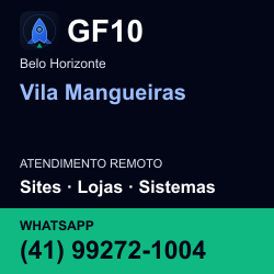 GF10 em Vila Mangueiras, Belo Horizonte: atendimento remoto. Sites, lojas, aplicações, idiomas, manutenção e SEO. WhatsApp (41) 99272-1004.