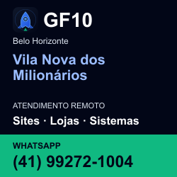 GF10 em Vila Nova dos Milionários, Belo Horizonte: atendimento remoto. Sites, lojas, aplicações, idiomas, manutenção e SEO. WhatsApp (41) 99272-1004.
