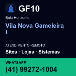 GF10 em Vila Nova Gameleira I, Belo Horizonte: atendimento remoto. Sites, lojas, aplicações, idiomas, manutenção e SEO. WhatsApp (41) 99272-1004.
