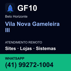 GF10 em Vila Nova Gameleira III, Belo Horizonte: atendimento remoto. Sites, lojas, aplicações, idiomas, manutenção e SEO. WhatsApp (41) 99272-1004.