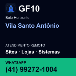 GF10 em Vila Santo Antônio, Belo Horizonte: atendimento remoto. Sites, lojas, aplicações, idiomas, manutenção e SEO. WhatsApp (41) 99272-1004.