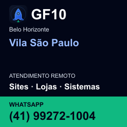 GF10 em Vila São Paulo, Belo Horizonte: atendimento remoto. Sites, lojas, aplicações, idiomas, manutenção e SEO. WhatsApp (41) 99272-1004.