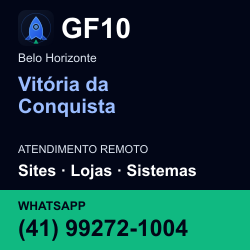GF10 em Vitória da Conquista, Belo Horizonte: atendimento remoto. Sites, lojas, aplicações, idiomas, manutenção e SEO. WhatsApp (41) 99272-1004.