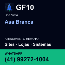 GF10 em Asa Branca, Boa Vista: atendimento remoto. Sites, lojas, aplicações, idiomas, manutenção e SEO. WhatsApp (41) 99272-1004.