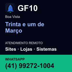 GF10 em Trinta e um de Março, Boa Vista: atendimento remoto. Sites, lojas, aplicações, idiomas, manutenção e SEO. WhatsApp (41) 99272-1004.