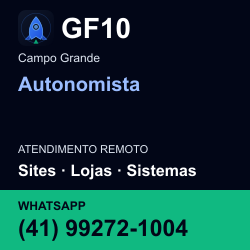 GF10 em Autonomista, Campo Grande: atendimento remoto. Sites, lojas, aplicações, idiomas, manutenção e SEO. WhatsApp (41) 99272-1004.