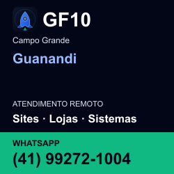 GF10 em Guanandi, Campo Grande: atendimento remoto. Sites, lojas, aplicações, idiomas, manutenção e SEO. WhatsApp (41) 99272-1004.